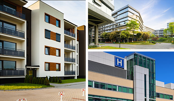 Apartment, office, and hospital buildings collage