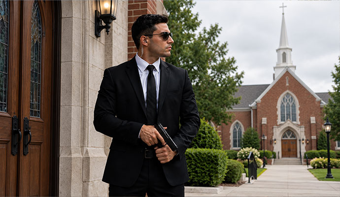Armed security officer on duty outside place of worship