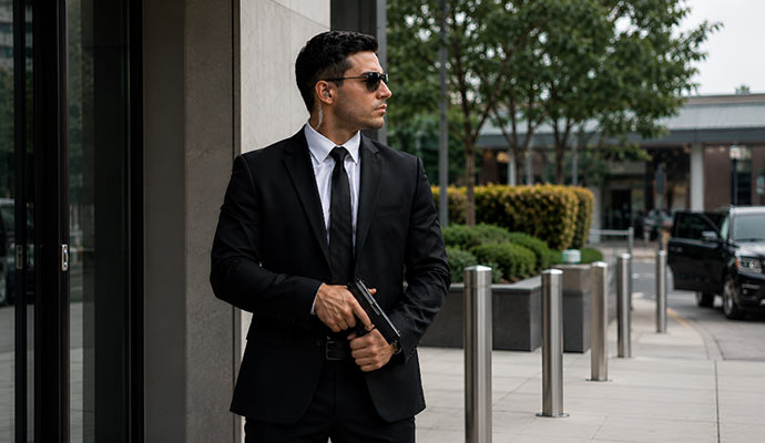 Armed security guard in a black suit