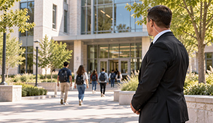 Security officer monitoring campus activity and student safety outside school building