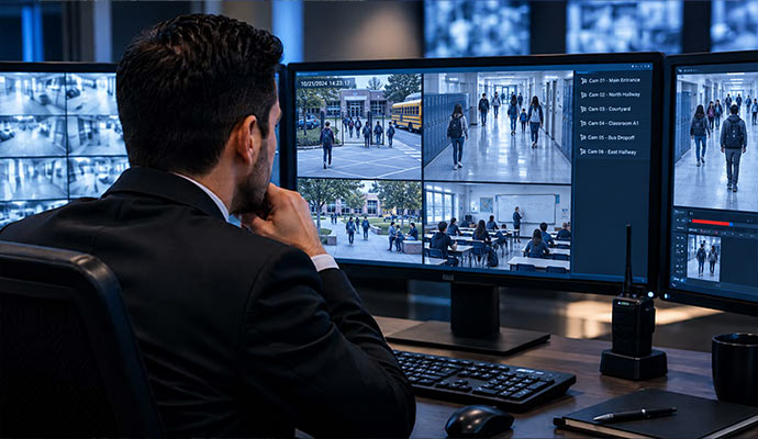 Security officer monitoring school campus surveillance video system