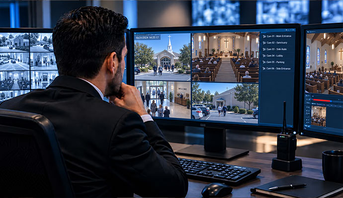 Security officer monitoring live security camera feeds for place of worship