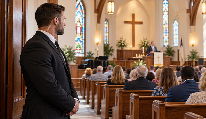 Security officer monitoring congregation during religious church service