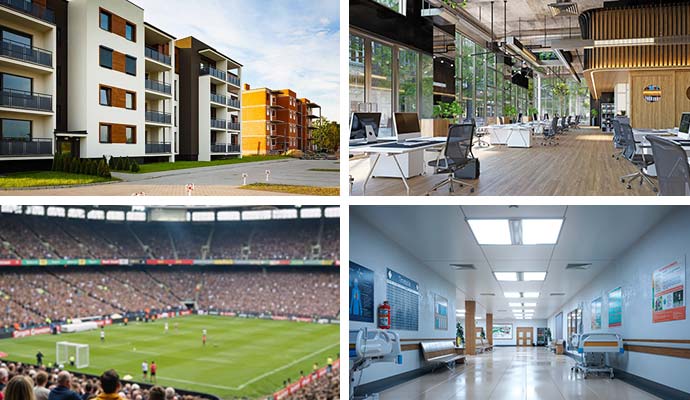Collage of apartment, office, sporting events, healthcare