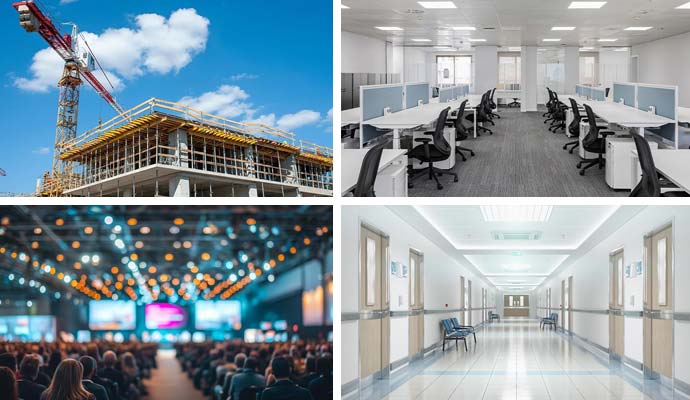 Collage of construction site, office, event, and school