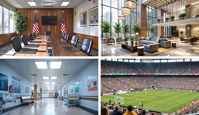Collage of government, office, healthcare, hotels and sporting events