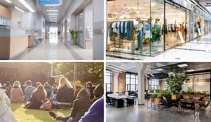 Collage of healthcare facility, retail store, outdoor event, and commercial office building