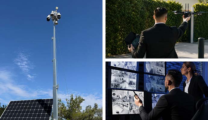 Collage of mobile surveillance, drone and monitor camera service