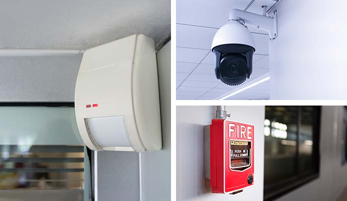 Collage of motion detectors security cameras fire alarms