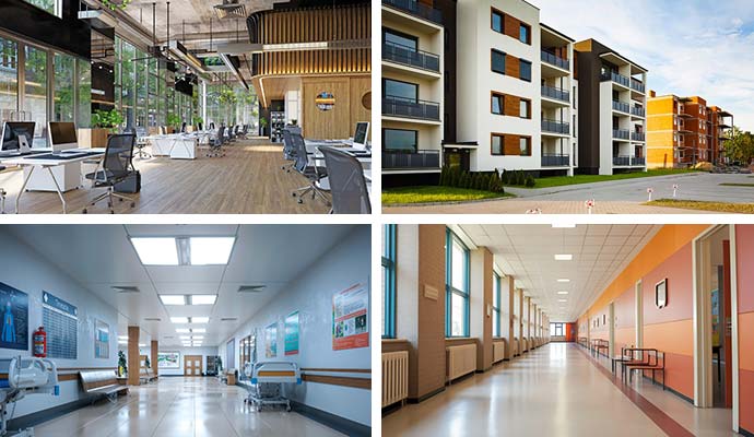 Collage of office, apartment, healthcare, schools