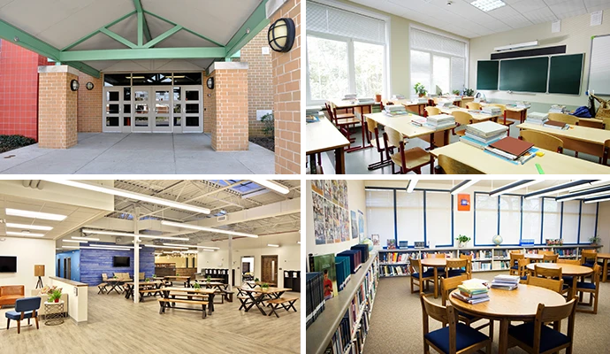Collage of school entrance, classroom, cafeteria, and library campus areas