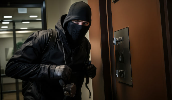 Masked intruder attempting commercial burglary near secured entry and access control panel