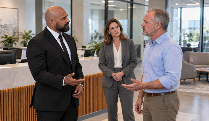 De-escalation security officer communicating calmly with individuals in an office lobby