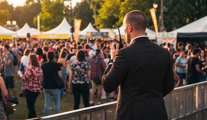 Event security guard monitoring crowd and entrances during an outdoor event