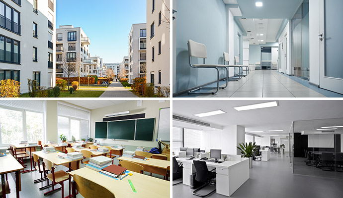 Collage of apartment communities healthcare facilities classrooms and office environments for commercial property services