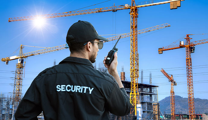 Security guard monitoring active construction site with communication radio and heavy equipment in background