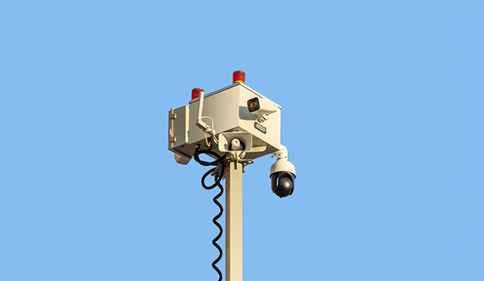 Elevated mobile security camera system mounted on pole for outdoor surveillance and property monitoring