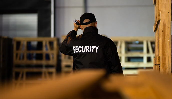 Security guard performing nighttime patrol inside commercial property using handheld flashlight for surveillance