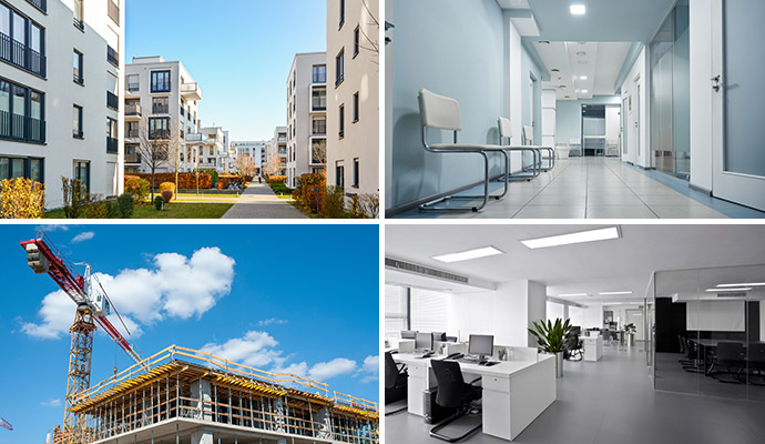 Collage featuring apartment communities healthcare facilities construction sites and modern office spaces