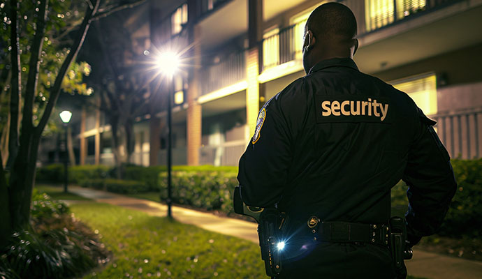 Security officer conducting nighttime residential property patrol outside apartment community buildings