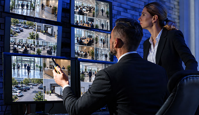 Security officers monitoring live security camera feeds in a surveillance control room
