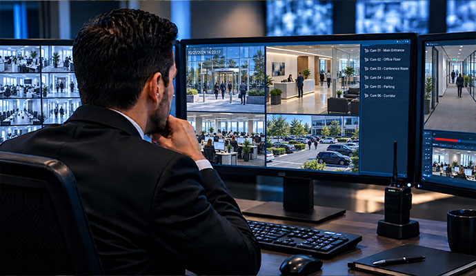 Security officer monitoring live security camera feeds on surveillance screens