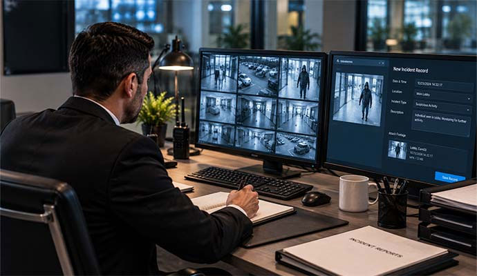 Loss prevention security officer reviewing surveillance footage and incident report