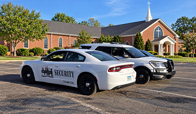M&M Security marked patrol vehicles parked at place of worship