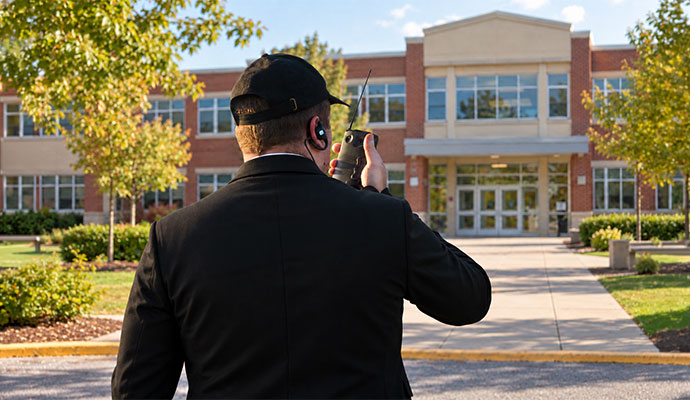 Private security officer communicating via radio outside school entrance