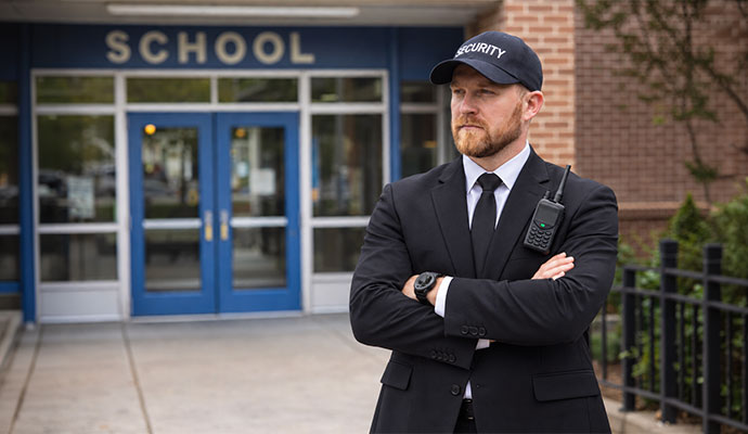 Professional security guard standing outside school building entrance