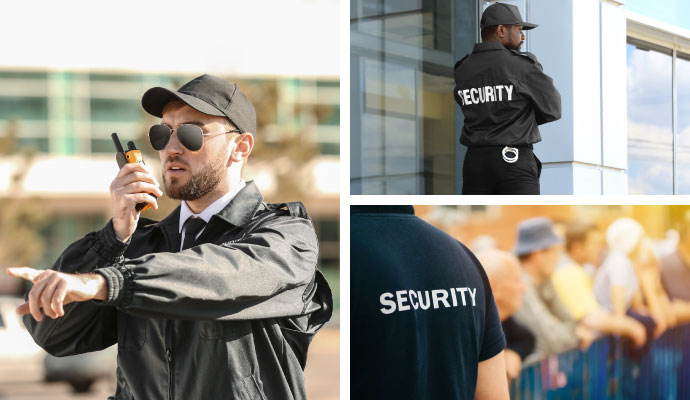 Collage of professional security guards providing event property and commercial security services