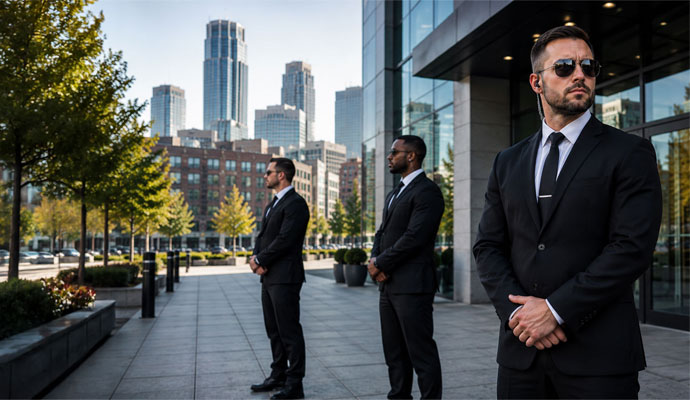 Professional security guards on duty outside a commercial building in St. Paul