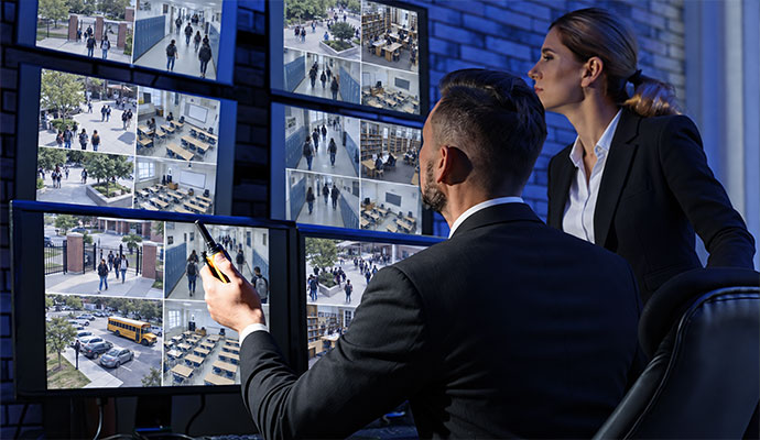 Security team in control room monitoring school security camera feeds