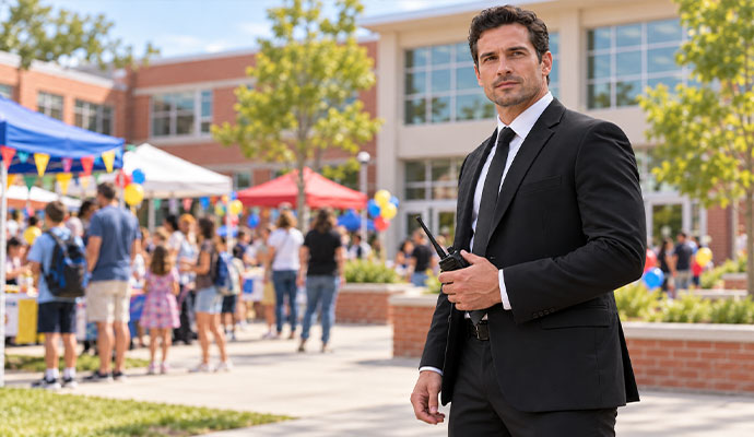 Security officer with two-way radio providing school event security