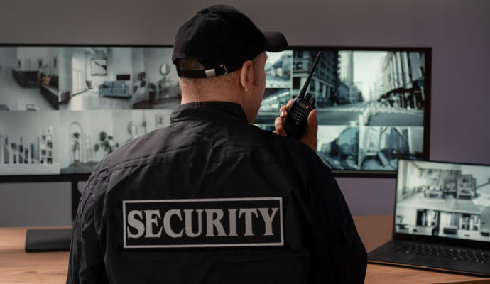 Security officer monitoring surveillance camera feeds and coordinating property security operations