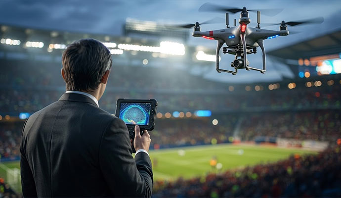 Security drone over a stadium at night
