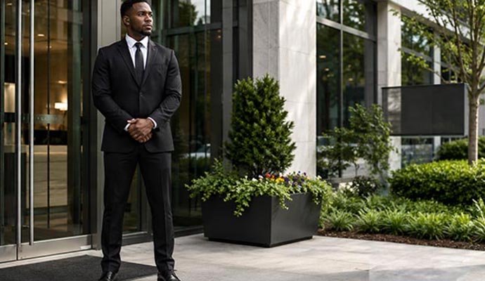 Security guard standing at building entrance