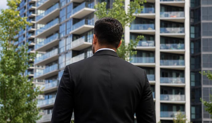 Security guard facing a residential building