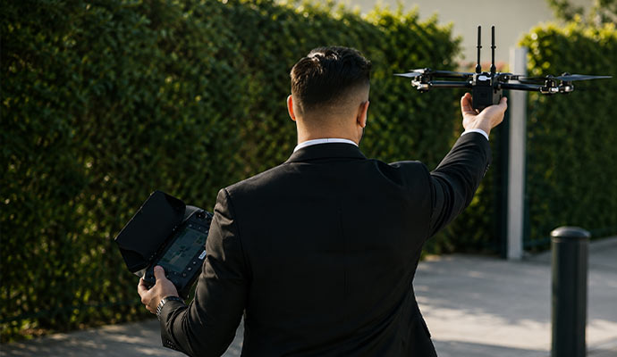 Security guard holding a drone and controller