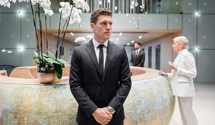 Security guard in a building lobby