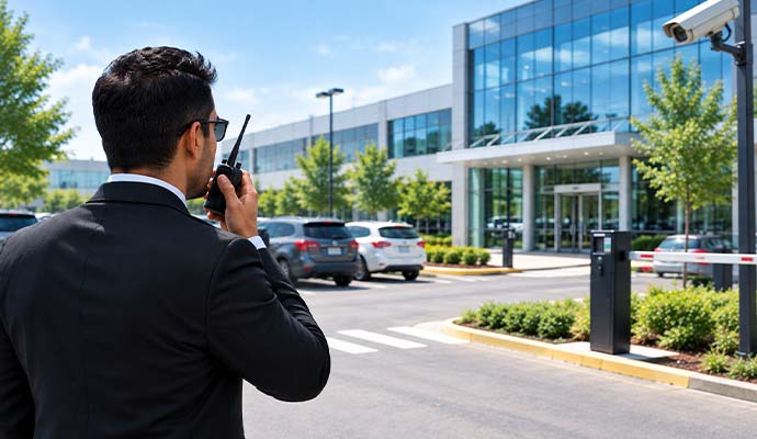 Security guard using a walkie-talkie while monitoring a commercial building entrance and parking lot
