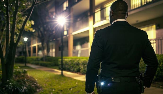 Security guard patrolling at night