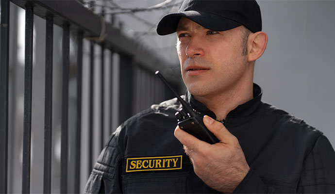 Professional security guard using radio communication device