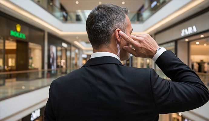 Security guard with earpiece in a mall