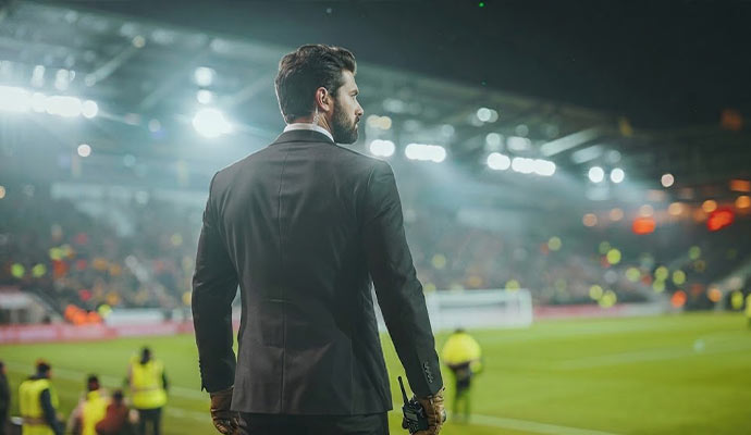Security guard with radio at a stadium