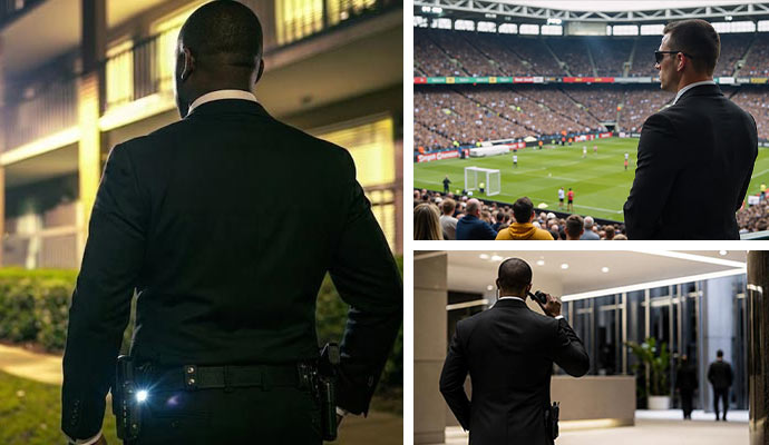 Security guards at buildings and events collage