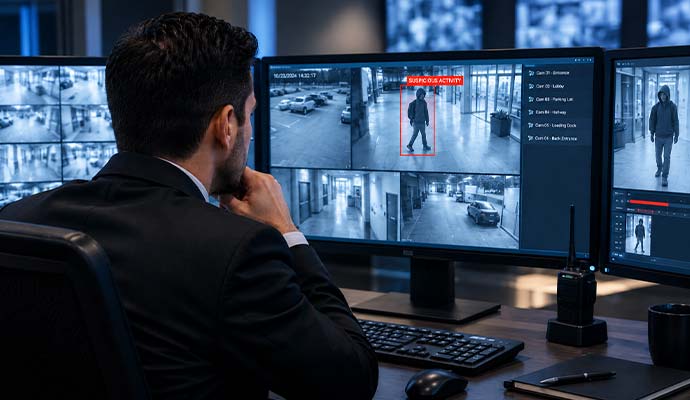 Security officer analyzing surveillance monitors flagging suspicious activity in a building