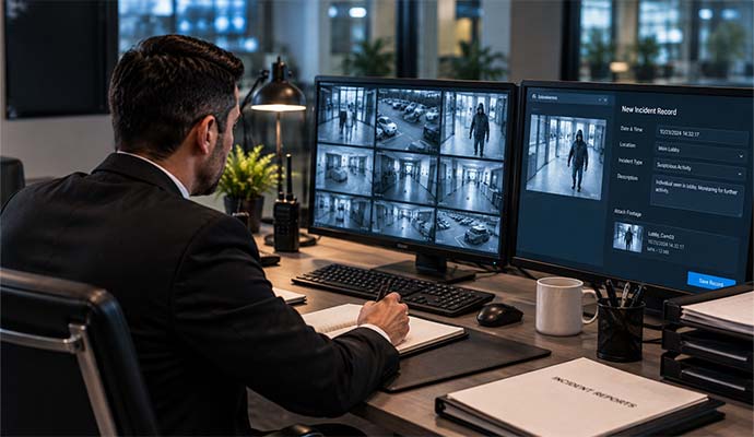 Security officer writing incident reports while reviewing surveillance footage on dual monitors
