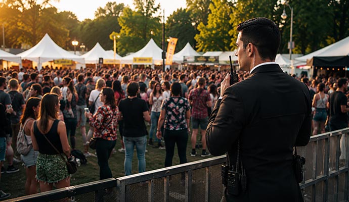 Security officer monitoring festival crowd