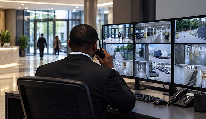 Security officer using a walkie-talkie while monitoring multiple surveillance camera screens showing different property areas